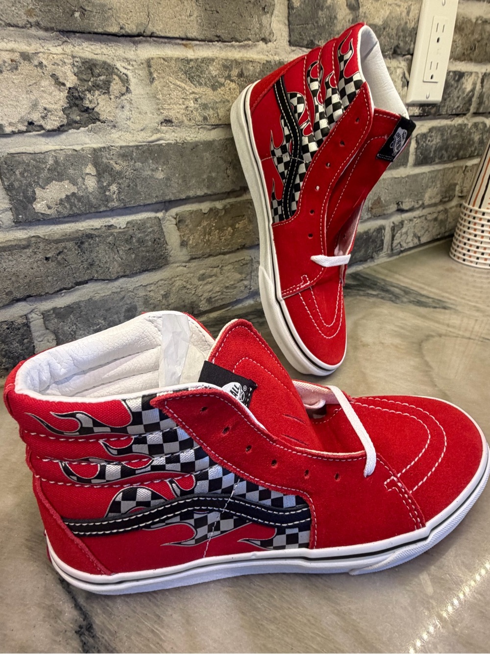 Vans Kids Red High-Top Sneakers with Checkerboard Flame Accent